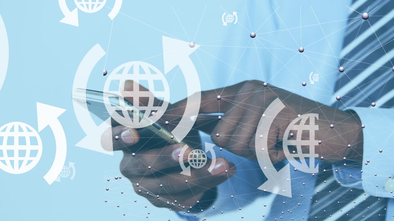Animation of icons and network of connections over african american businessman using smartphone