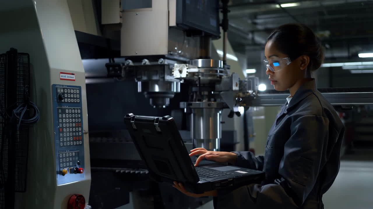 Female Engineer Working on Laptop in a Modern Factory Setting