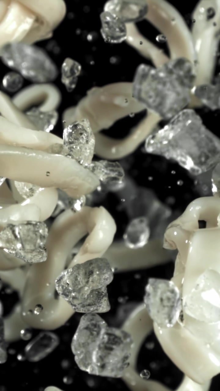 Movimento rallentato di anelli di calamari e ghiaccio tritato galleggianti su sfondo nero