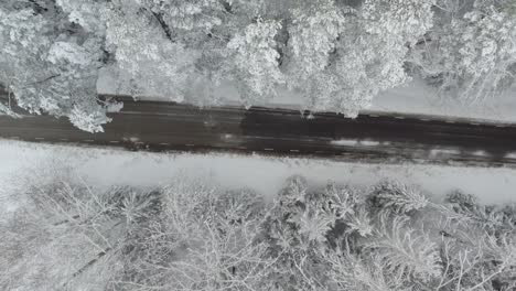 Drohnenflug-Entlang-Der-Asphaltstraße-Im-Magischen-Verschneiten-Wald