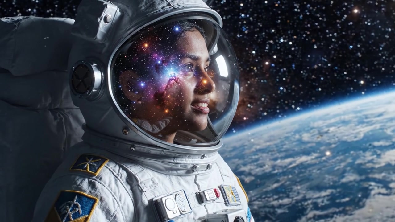 Una astronauta contempla la inmensidad del espacio, observando las estrellas con asombro cósmico en sus ojos, rodeada por un paisaje celestial de belleza