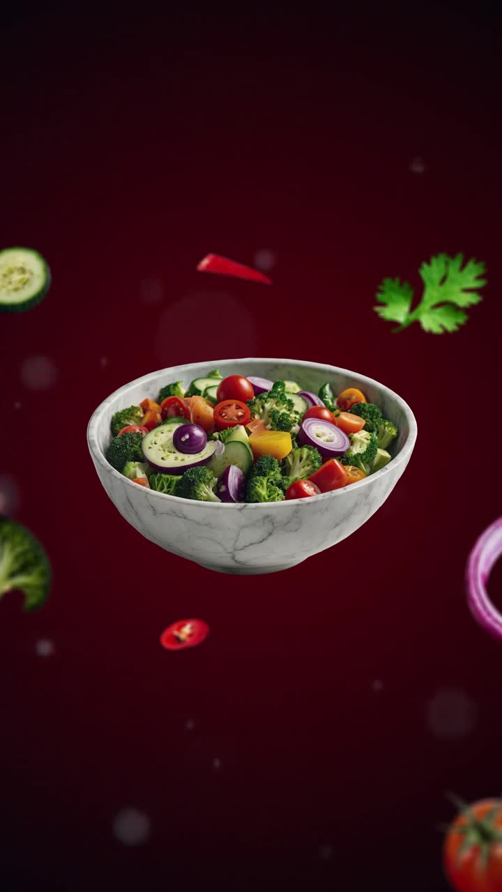 Mixed salad in a white bowl with tomatoes, cucumber, lettuce, onion and broccoli Animation intro for advertising or marketing with the ingredients flying in the air - vertical price tag or saledish