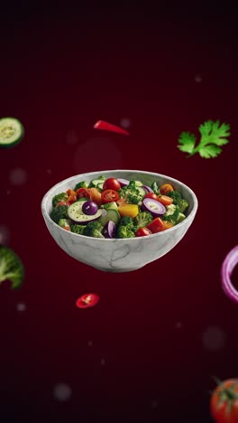 mixed salad in a white bowl with tomatoes, cucumber, lettuce, onion and broccoli animation intro for advertising or marketing with the ingredients flying in the air - vertical price tag or saledish