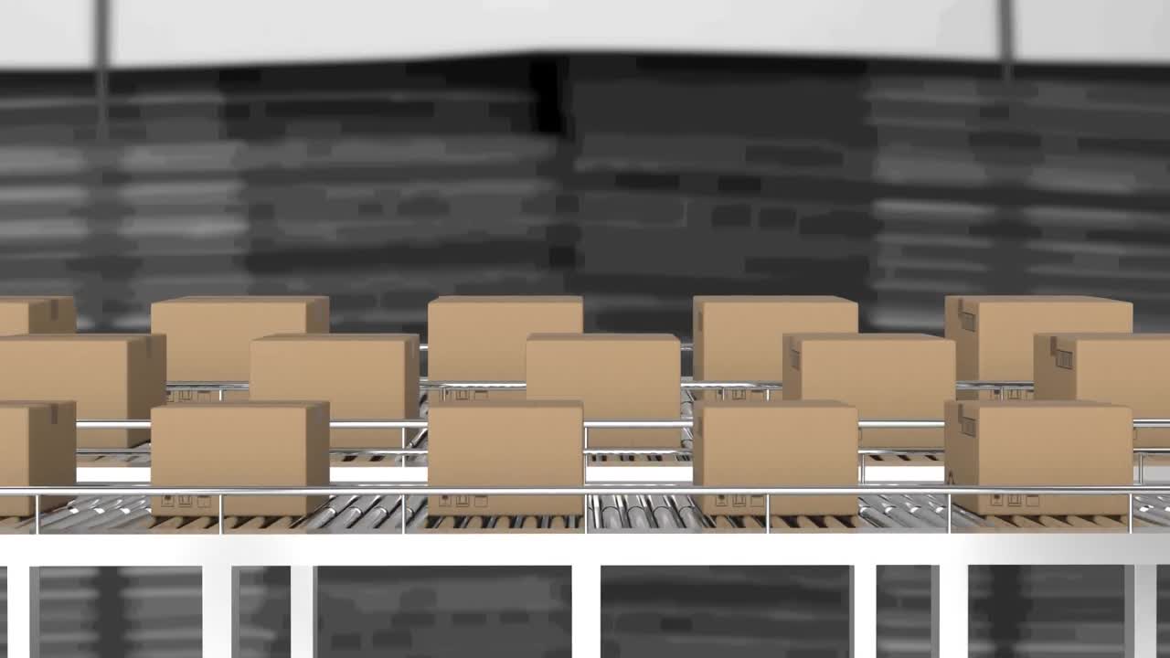 animación de cajas de cartón que se mueven en cintas transportadoras en el almacén