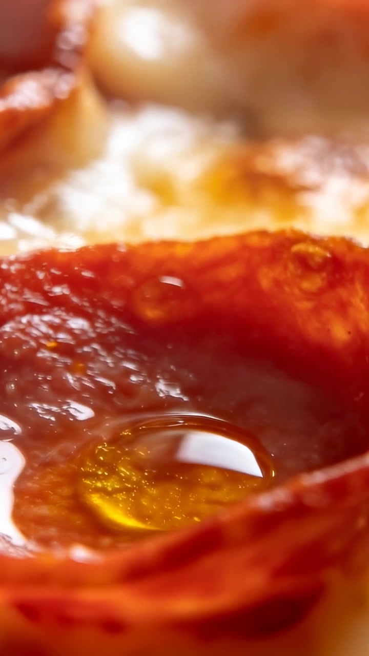 Video verticale: Messa a fuoco dell'obiettivo che si sposta, evidenziando fette di salame piccante arricciate a coppa con olio luccicante sulla mozzarella.