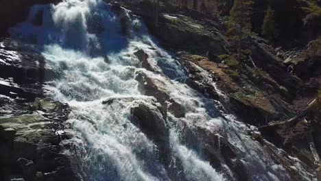 aerial shot, eagle falls, lake tahoe flying towards waterfalls, california, usa, drone