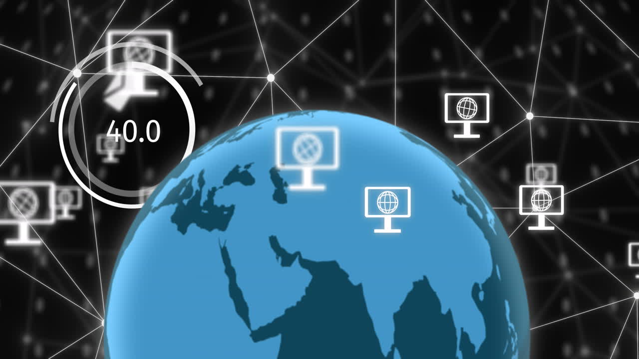 검은색 배경에 전 세계 연결 네트워크와 디지털 아이콘의 애니메이션