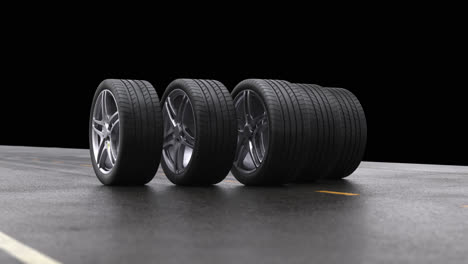 loop four car wheels rolling on wet asphalt with alpha channel