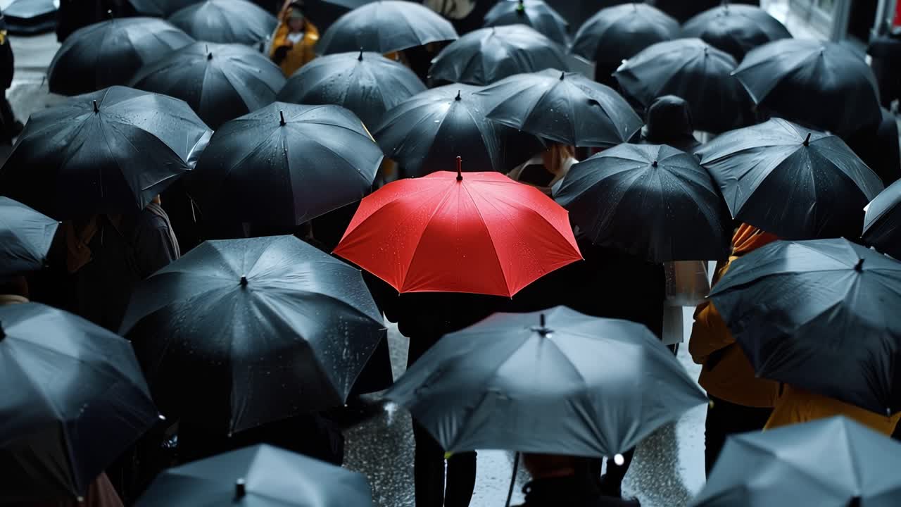 Un ombrello rosso spicca tra quelli scuri. La folla si muove sotto cieli grigi e piovigginosi. Una figura silenziosa e solitaria cammina sotto la pioggia. Visi inespressivi sbirciano da sotto gli ombrelli.
