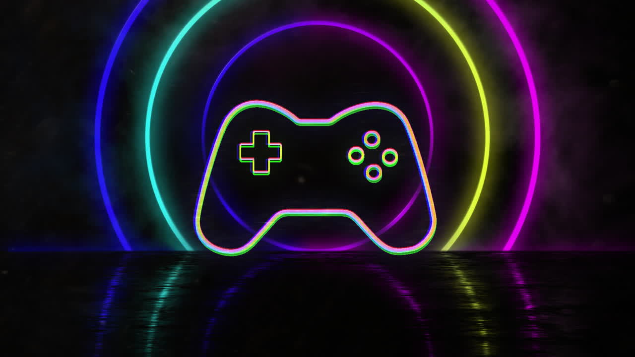 Animation of video game pad over neon circles pattern background