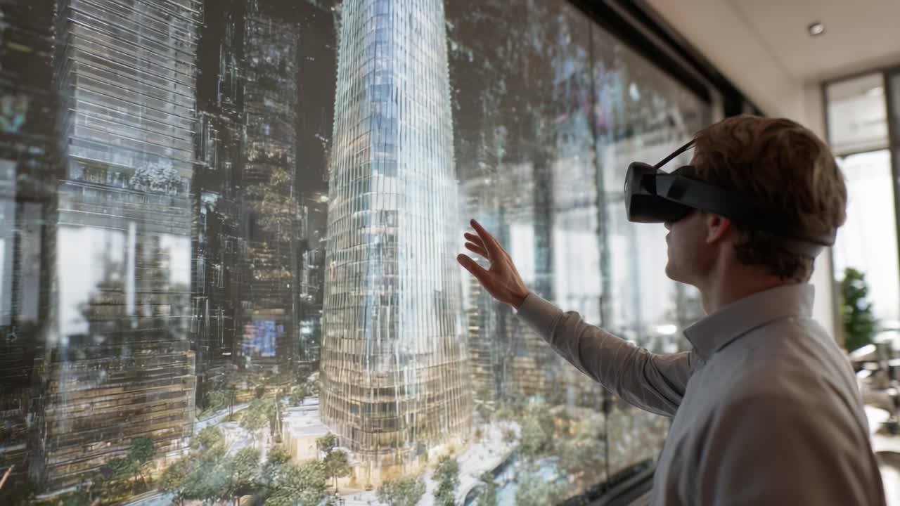 Immersive Virtual Reality Experience of a Modern Skyscraper Visualization with a User Interacting Through Cutting-Edge Technology in a High-Tech Urban Environment