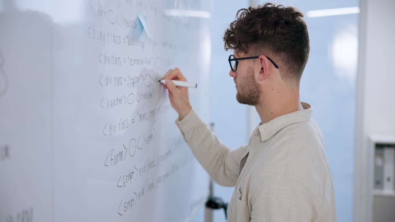 Man writing code on a whiteboard