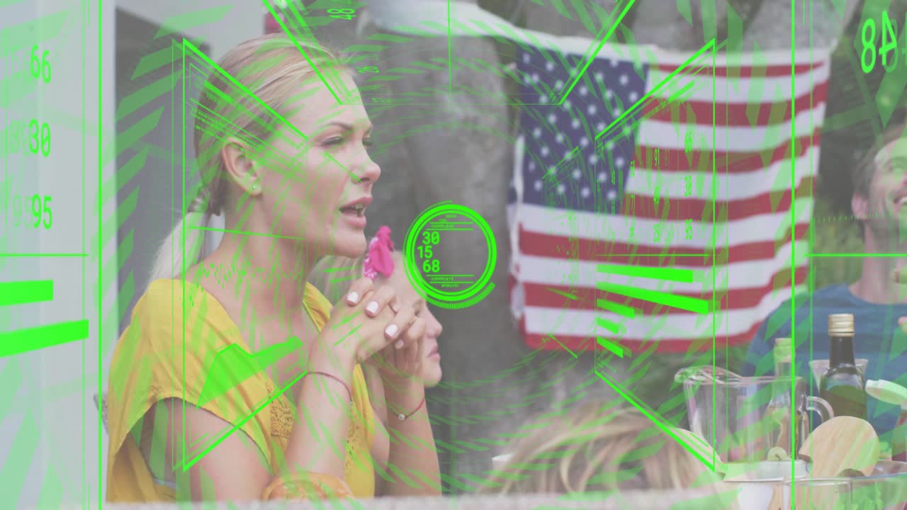 여성이 손가락으로 데이터를 꼬집어 표현하고 있고, 녹색 기술 오버레이가 덧씌워진 이미지에 딸은 경청하고 아빠는 들어오고 있어요