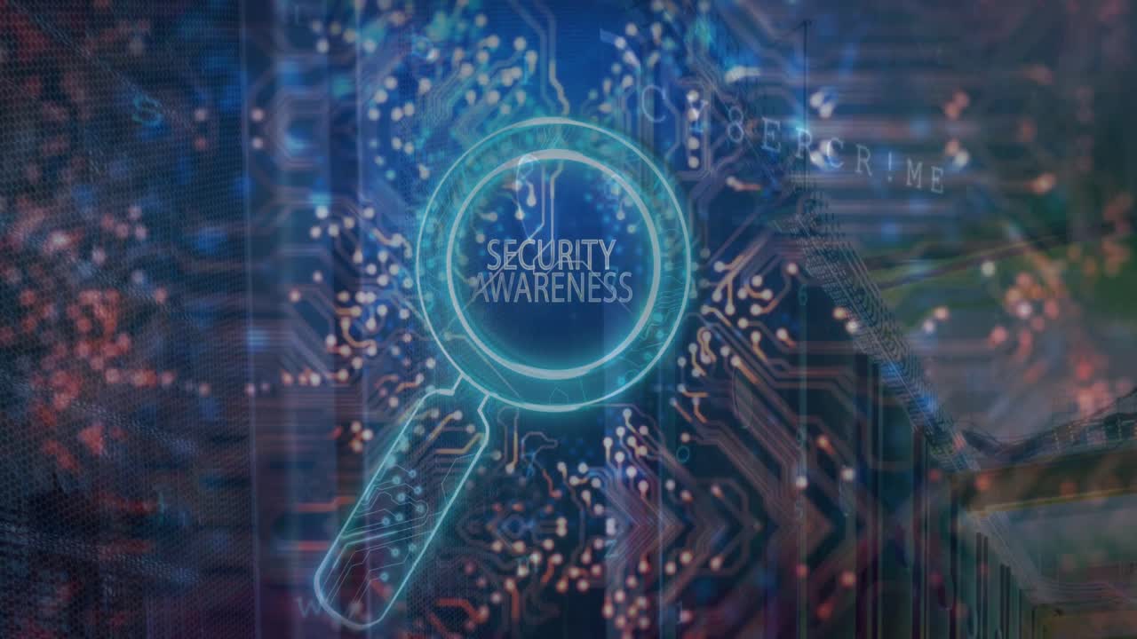 animación de texto de concienciación de seguridad sobre vidrio de lectura y sala de servidores