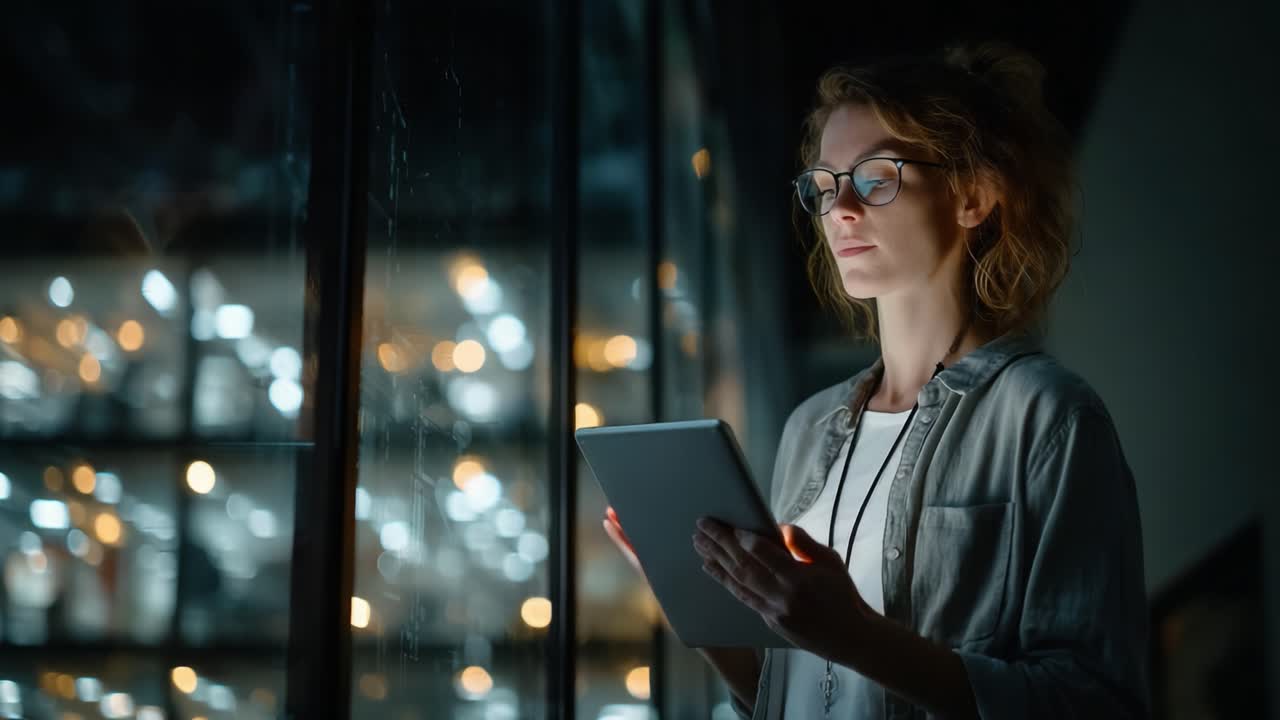 A Thoughtful Moment: Woman with Glasses Gazing Out a Rainy Window While Holding a Tablet, Captured in a Cozy Indoor Atmosphere Illuminated by Soft Lights