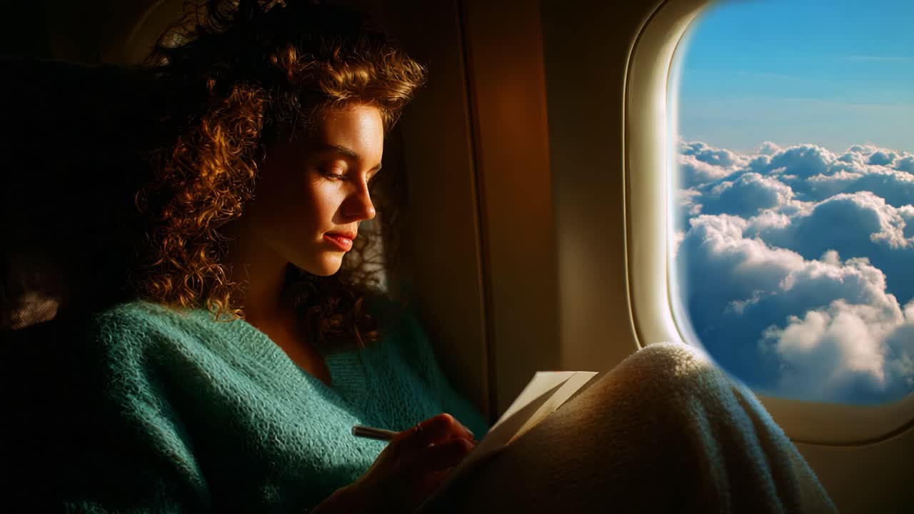 A thoughtful moment captured during a flight, featuring a young woman with curly hair writing a note by the window as fluffy clouds drift beneath the airplane, illuminated by soft sunlight