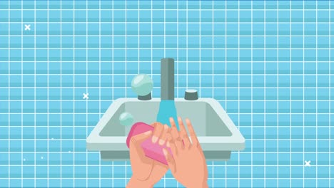 animación de celebración global del lavado de manos con manos lavándose con jabón en la escena del baño