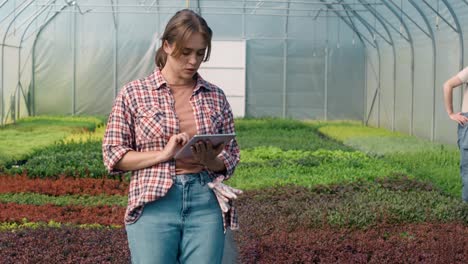 caucasian female botanist standing in the greenhouse and using digital table
