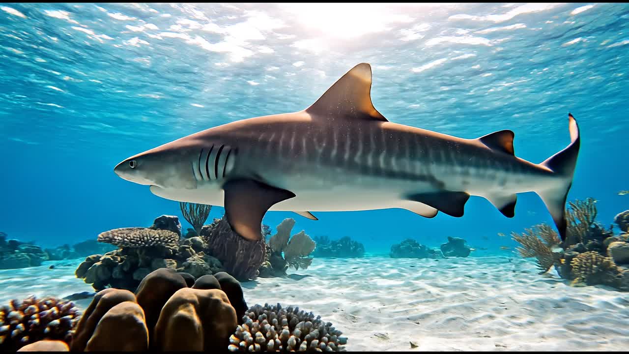 Tiger Shark Swimming Gracefully Over a Coral Reef in Clear Blue Water