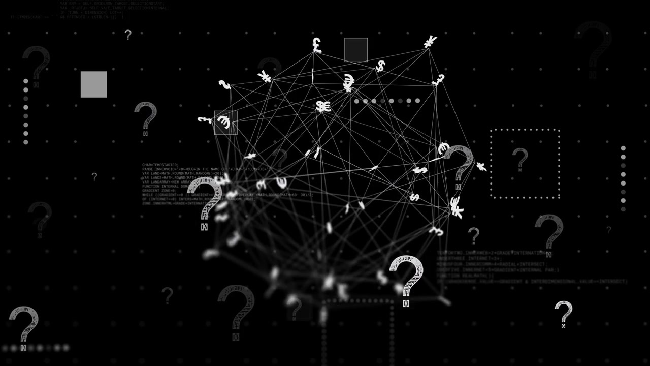 Forming central 3D network rotating, pulsing, carrying money glyphs, showing market doubt over HUD