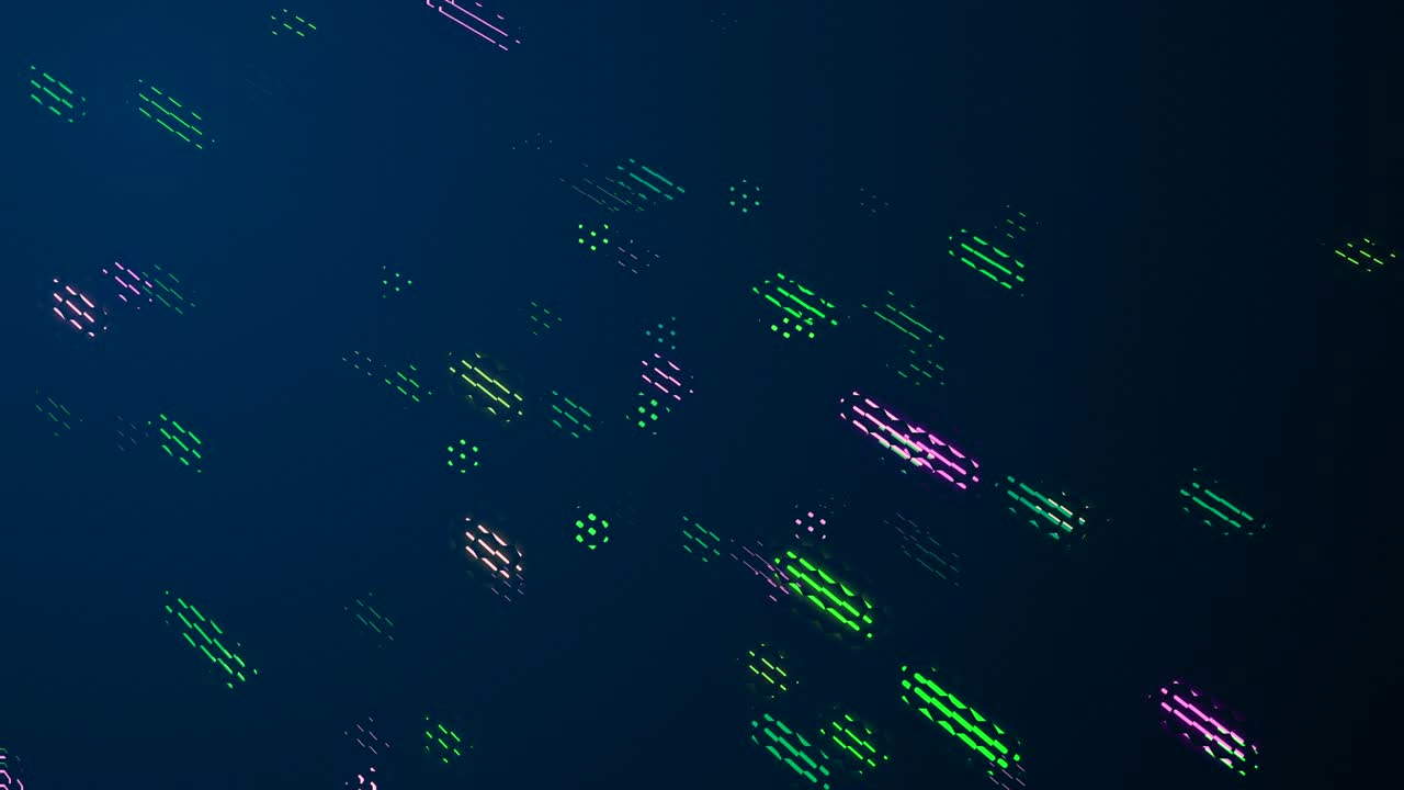 Many colorful light line particles moving up in space behind translucent curtain with hexagon pattern.