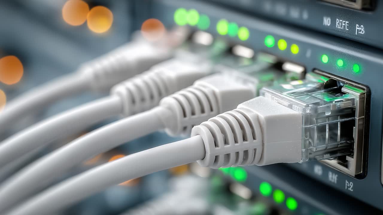 Detailed Close-Up of Ethernet Connections Highlighting Network Cables and Ports in a Data Center Environment with Illuminated Indicators