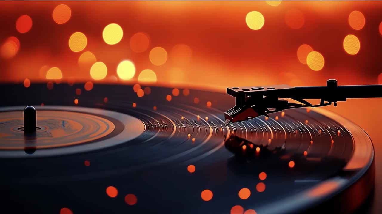Spinning vinyl sets a warm vibe. A vinyl record spins on a turntable, with vibrant bokeh lights enhancing the cozy atmosphere in the background.