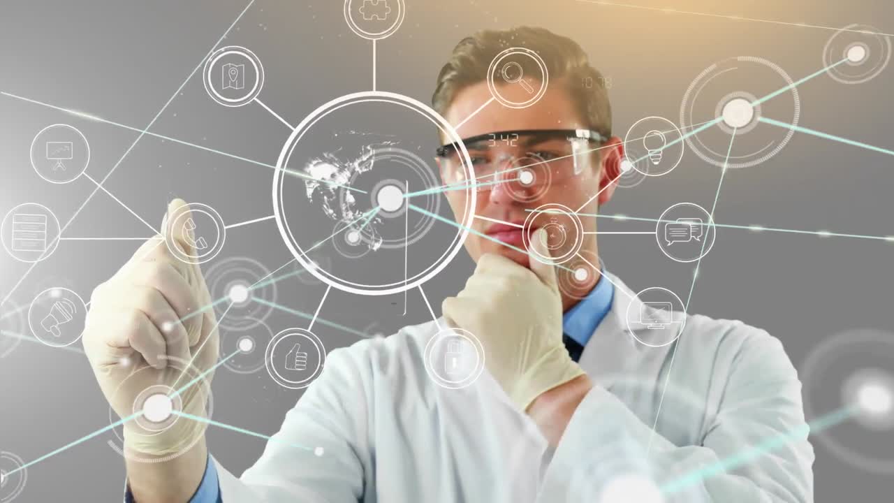 남성 과학자 터치 스크린을 통해 디지털 아이콘으로 연결 네트워크의 애니메이션