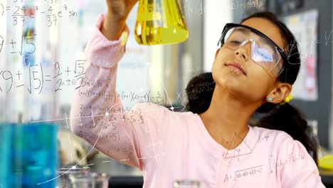 Animation-of-mathematical-equations-over-biracial-girl-using-digital-tablet-in-laboratory-at-school