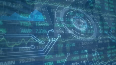 Animation-of-stock-market-and-scope-scanning-over-cityscape