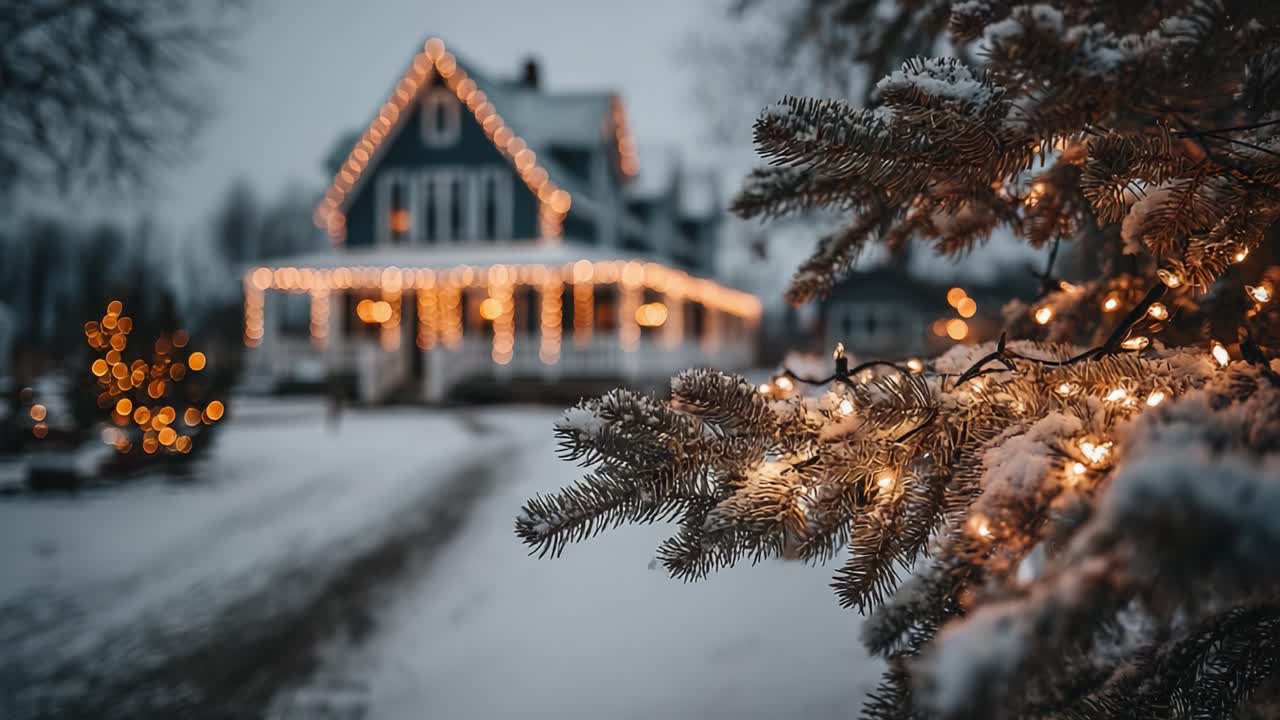 Enchanting Winter Scene: A Snow-Covered House Adorned with Twinkling Lights Surrounded by Frosty Trees, Creating a Cozy Holiday Atmosphere