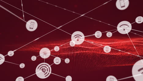 animación de la red de conexiones con iconos y malla sobre fondo rojo