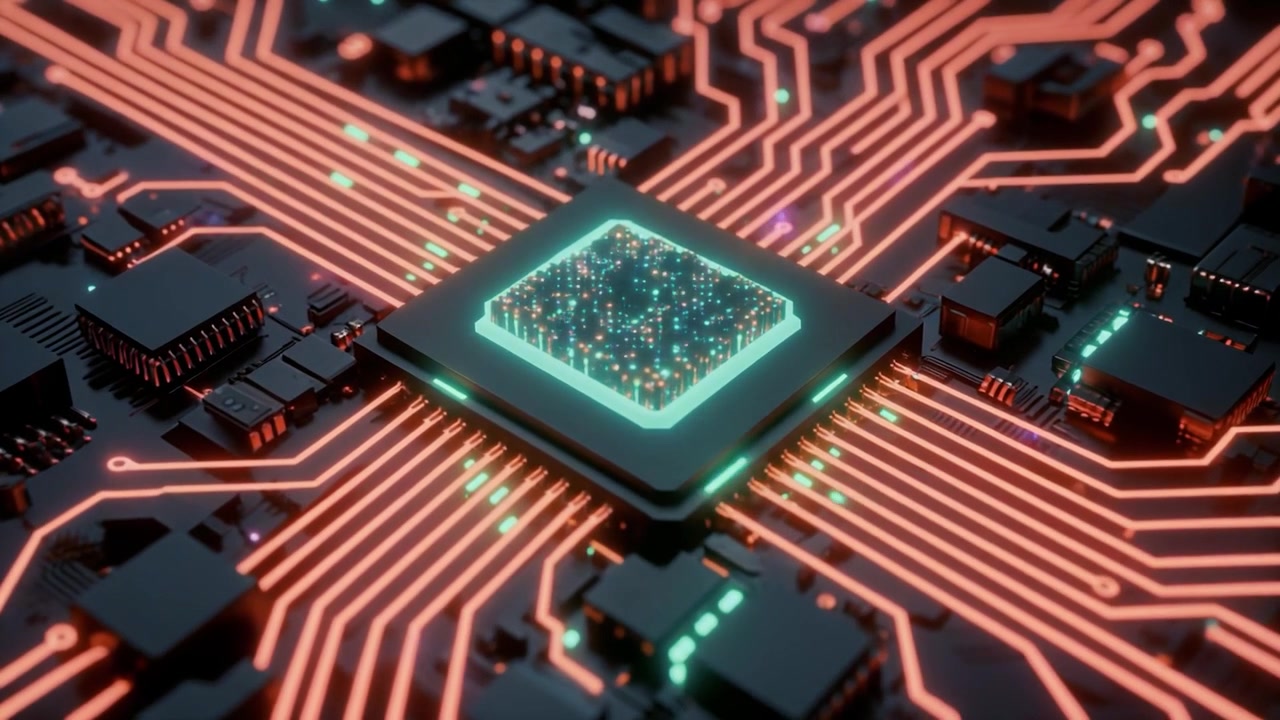 Futuristisk computerprocessorchip med glødende dataflow