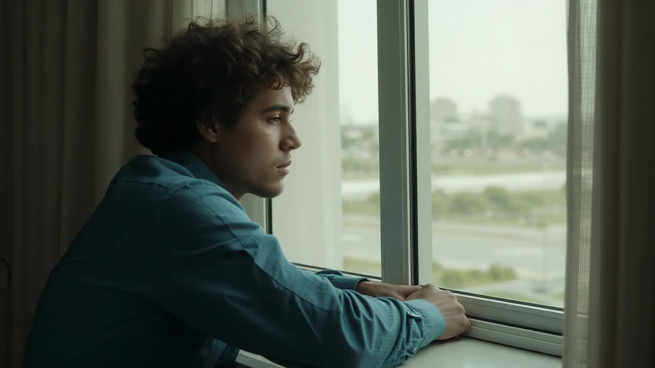 Leaning forward, adult male in teal shirt resting on windowsill, watching city roadway, copy space