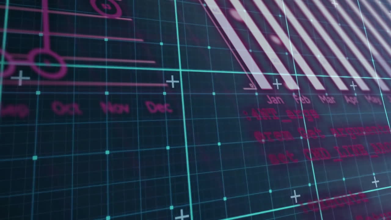 Displaying animation of data charts and months on futuristic digital grid