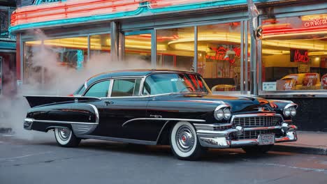 classic black cadillac parked in front of a retro neon diner