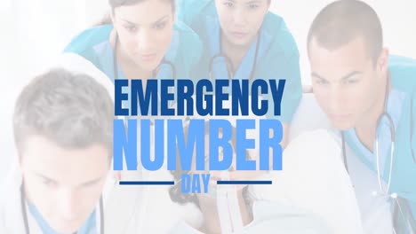 Animation-of-emergency-number-day-over-diverse-doctors-with-patient