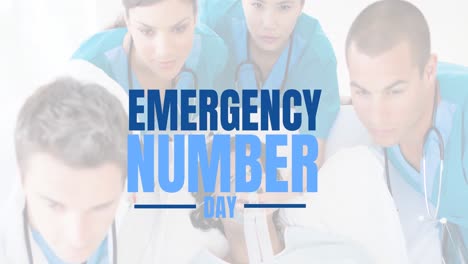 animation of emergency number day over diverse doctors with patient