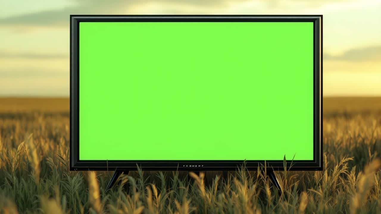 Television mock up featuring a vibrant green screen stands prominently in a field of tall grass, surrounded by a serene landscape, creating an ideal setting for design and advertising purposes