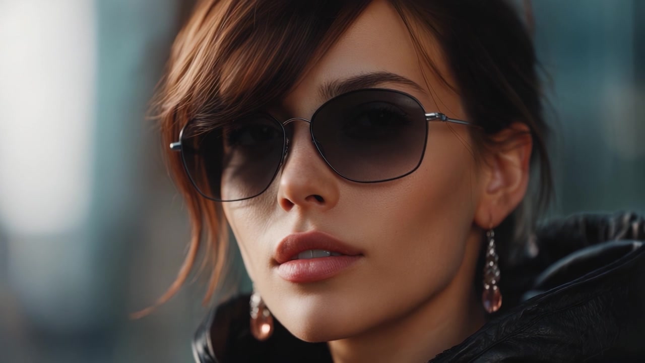 Elegant woman with sunglasses and earrings showcasing a modern urban fashion vibe in two striking frames, featuring her confident gaze and stylish attire.