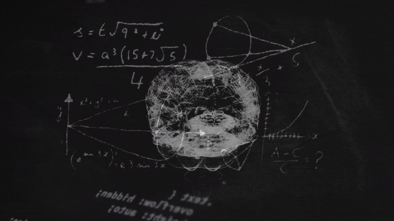 Animace rotujícího mozku a matematických vzorců na černém pozadí.