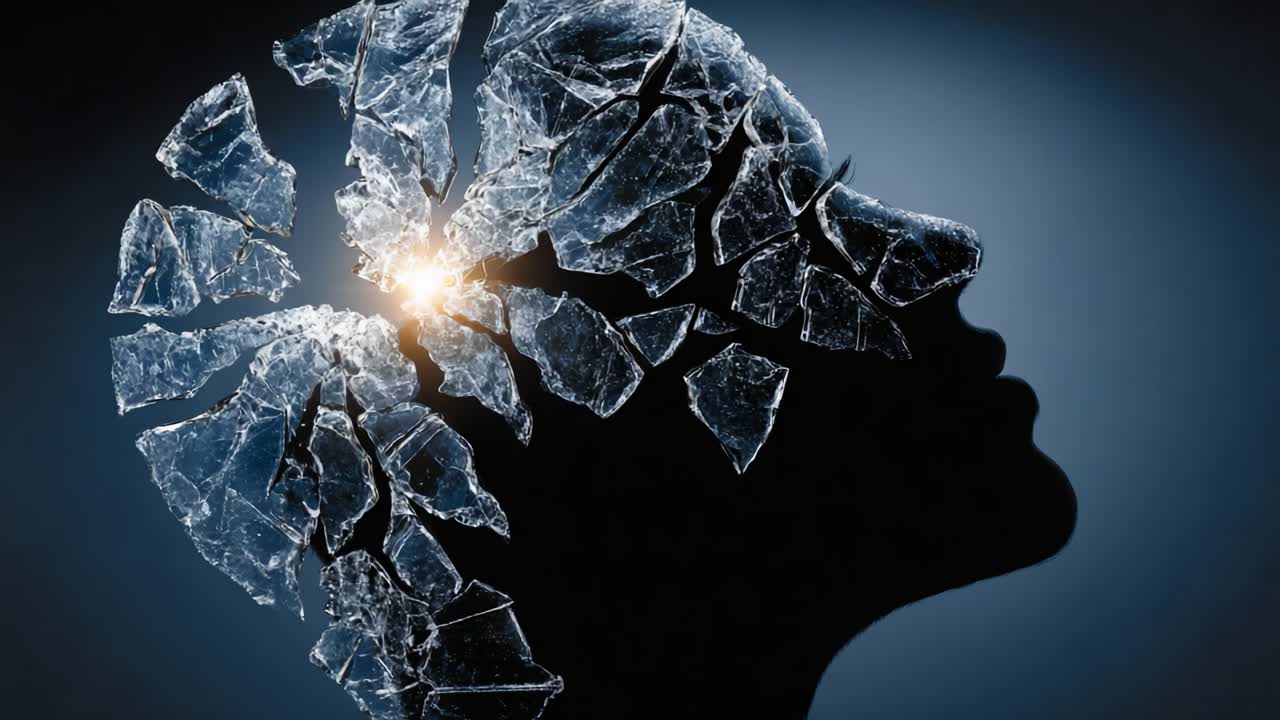 Una splendida rappresentazione artistica di una silhouette umana frammentata da vetri rotti, che simboleggia il tumulto emotivo e la fragilità dello stato mentale