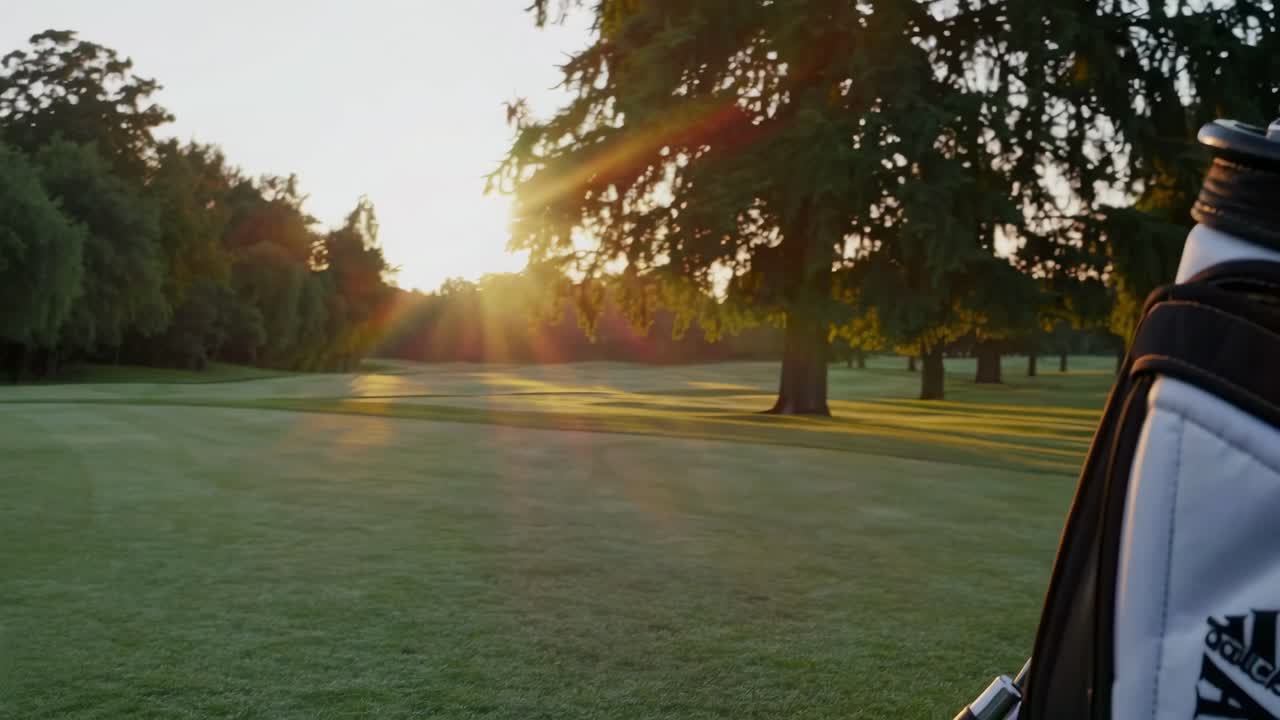 Serene golf course at sunrise, captured from a low angle