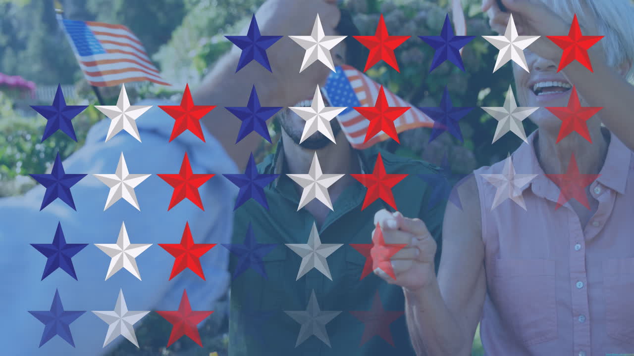 Animation of stars over happy caucasian family waving american flags