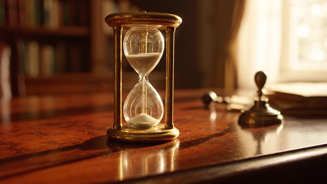 Una clessidra splendidamente realizzata, catturata nel tempo, che mostra il flusso della sabbia, illuminata dalla luce naturale in un accogliente ambiente.