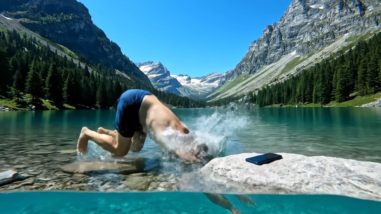 Man swimming underwater in a lake