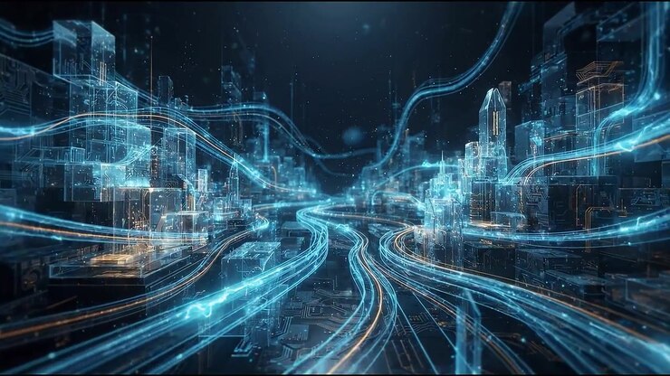 Futuristic digital city network visualized with luminous data pathways during focused work with natural indoor lighting