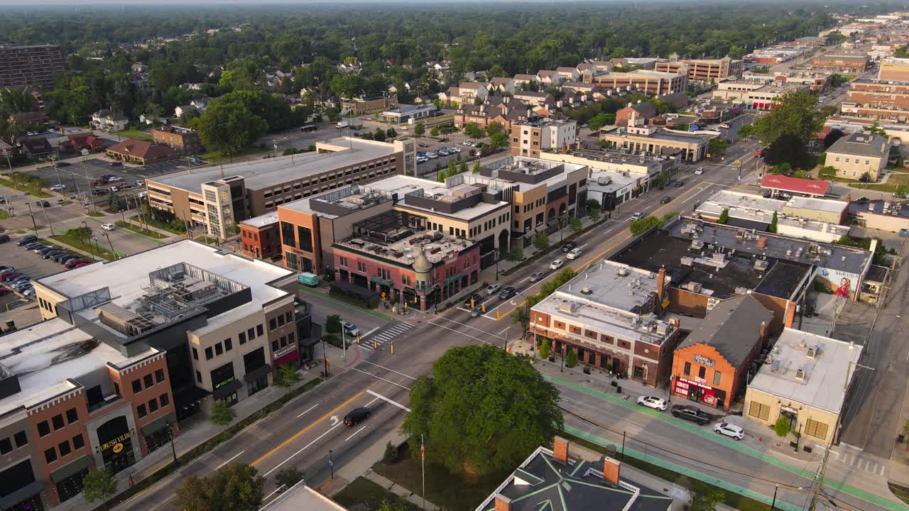Aerial dolly in view of downtown Dearborn Michigan, USA