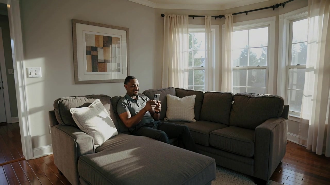 Tapping middle-aged man wearing dark polo and pants in living room, holding smartphone, copy space