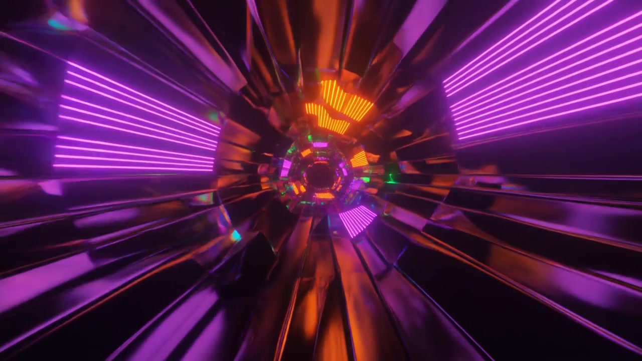 Abstraktní 3D tunel se zářícími neonovými světly a reflexními povrchy